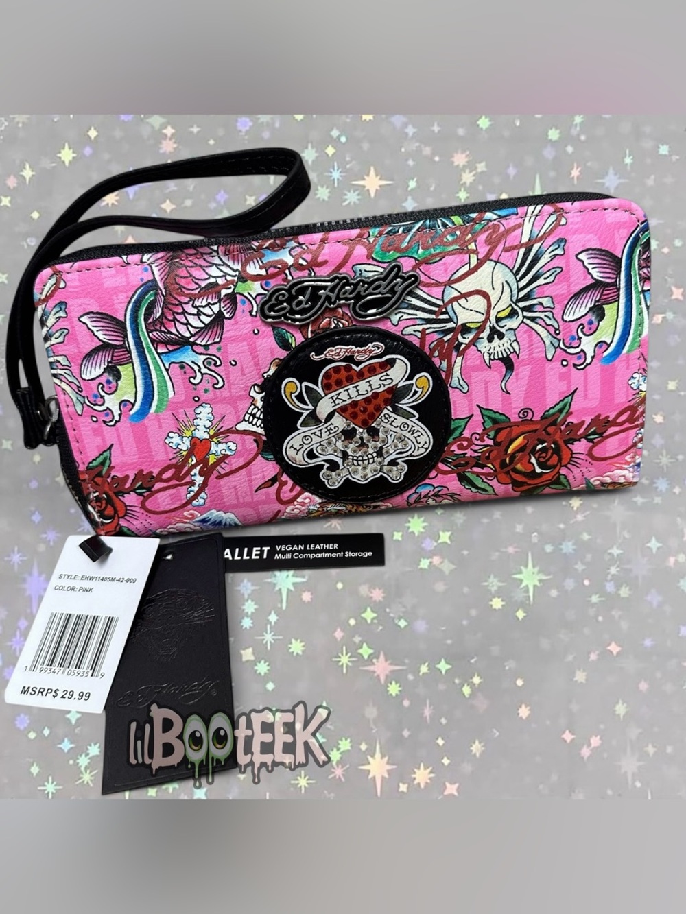 Ed Hardy Vegan Leather Wallet Wristlet Pink Tattoo Bling Love Kills NEW Y2K